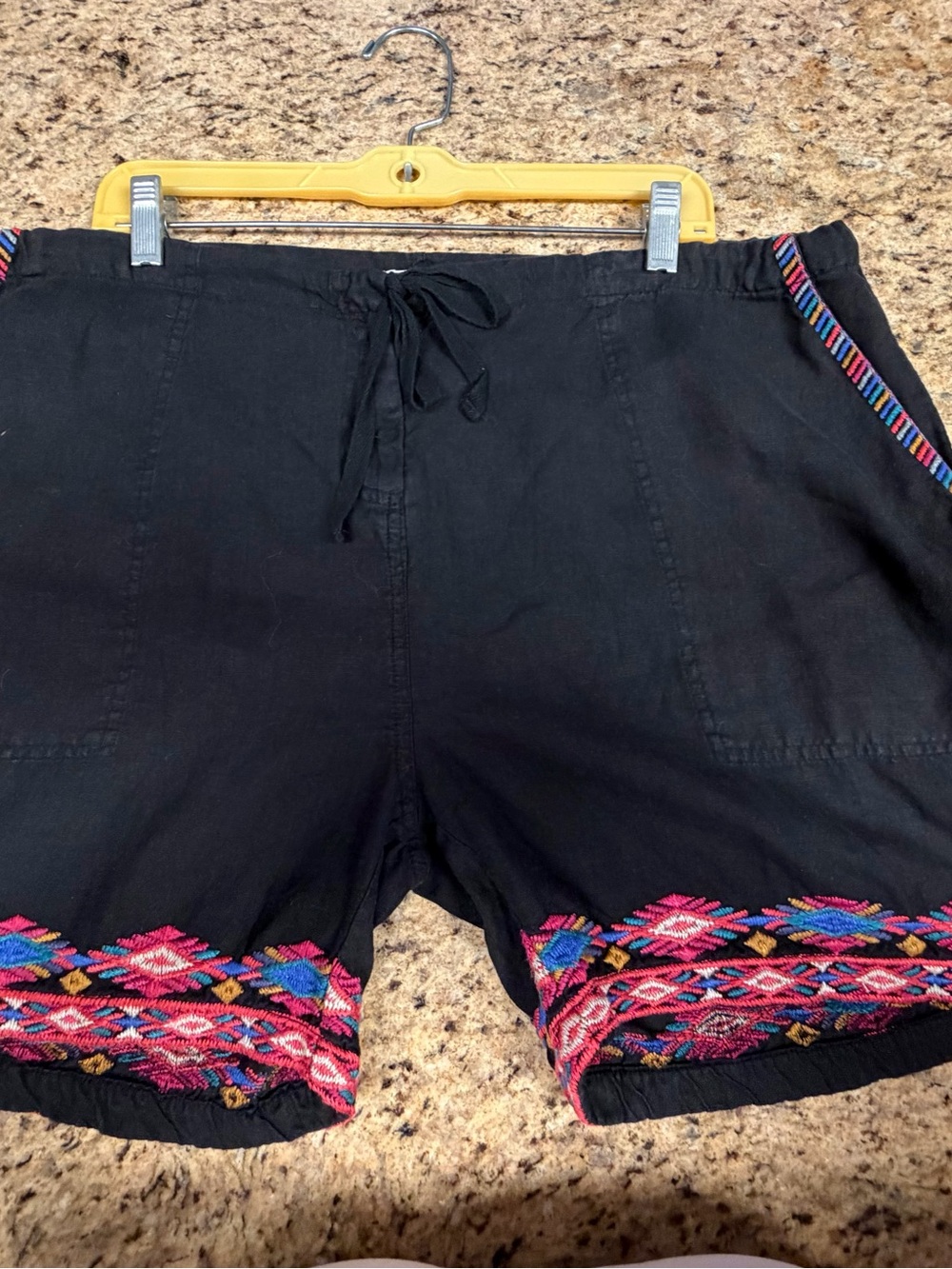 JOHNNY WAS Black Embroidered Boho Shorts with Colorful Trim